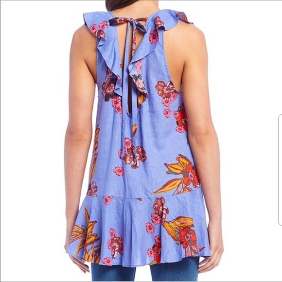 Free People Floral Tie Back Linen Top in Blue S - Picture 3 of 8